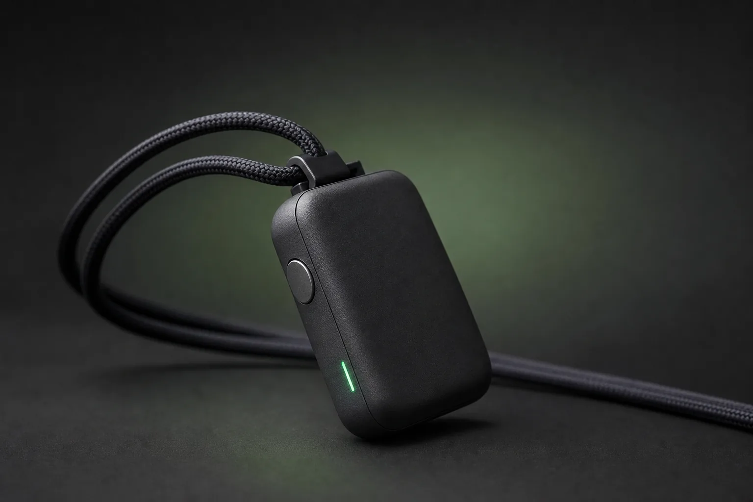 Rayo One, wearable rectangular de grafito con luz verde y cordón negro